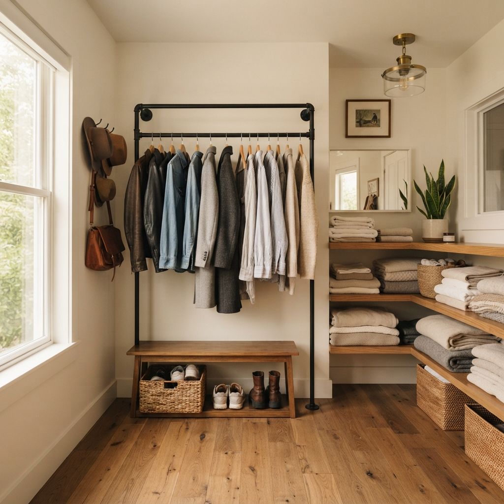 Matte black wall-mounted steel pipe closet system with hanging coats